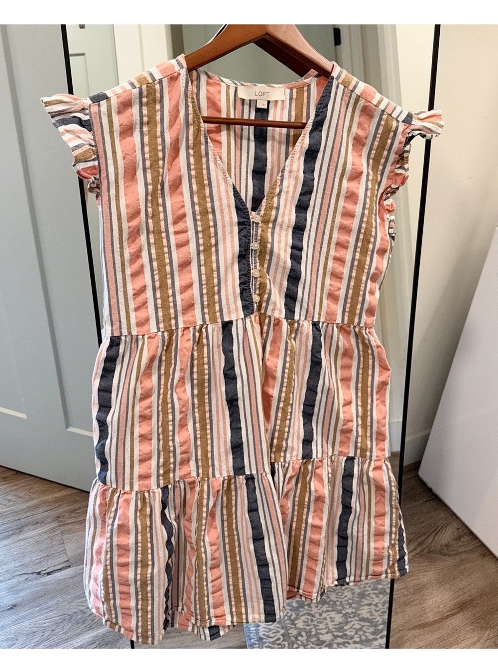 LOFT Stripe Tiered Mini Dress Ruffle Coastal Grandma Cowgirl Beach Cotton Small